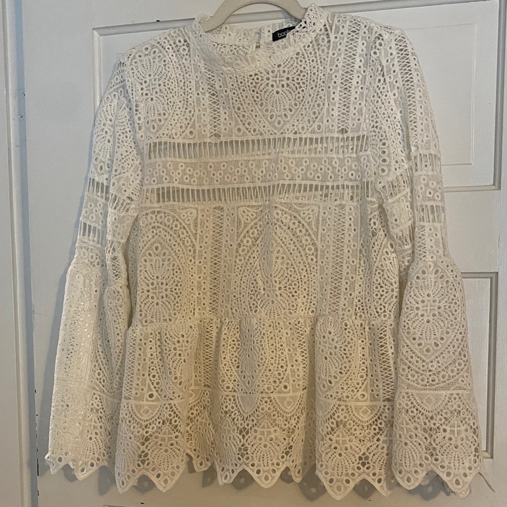 Boohoo Cream Crochet Lace Peplum Top - Picture 1 of 4